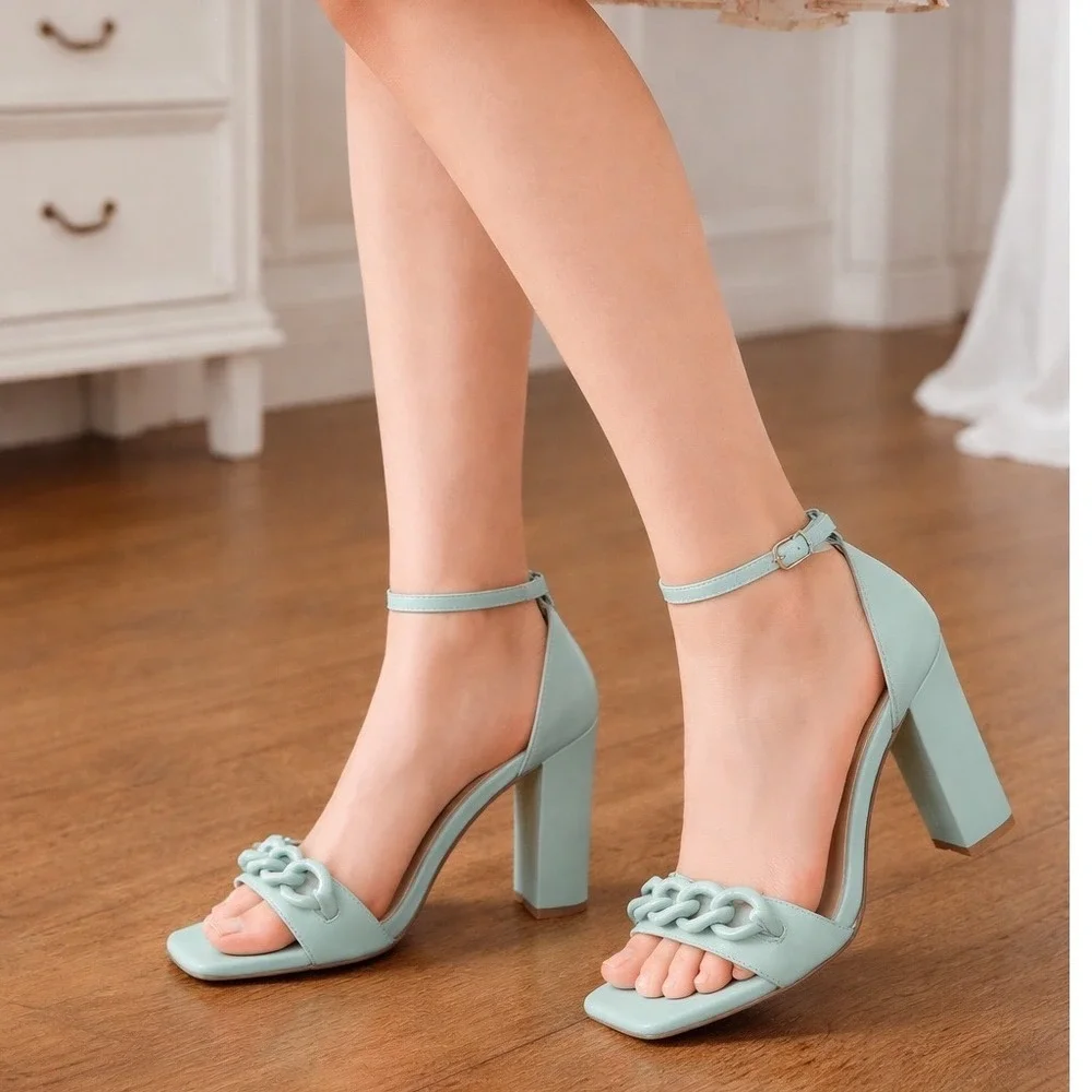 NWOT Nine West Womens Mindful Chain Square‎ Toe Heeled Sandals Mint Green Size 8 - Picture 12 of 12